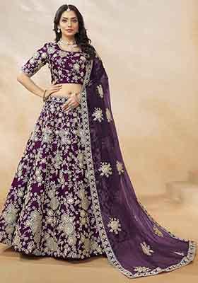 Purple Embroidered Art Silk Lehenga Set