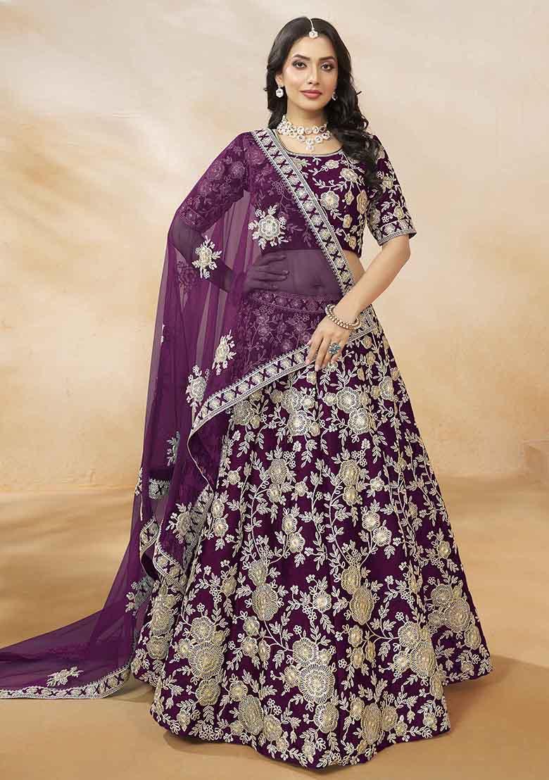 Purple Embroidered Art Silk Lehenga Set