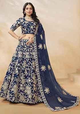 Navy Blue Embroidered Art Silk Lehenga Set