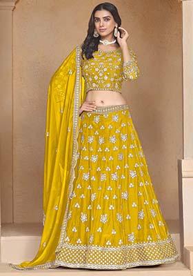 Mustard Embroidered Organza Lehenga Set