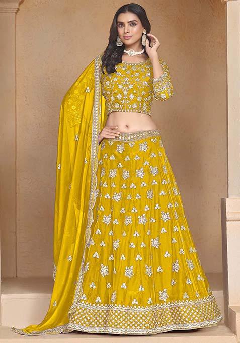 Mustard Embroidered Organza Lehenga Set