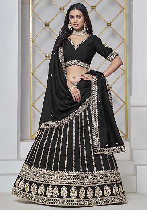 Black Embroidered Art Silk Lehenga Set