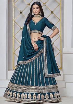 Teal Embroidered Art Silk Lehenga Set
