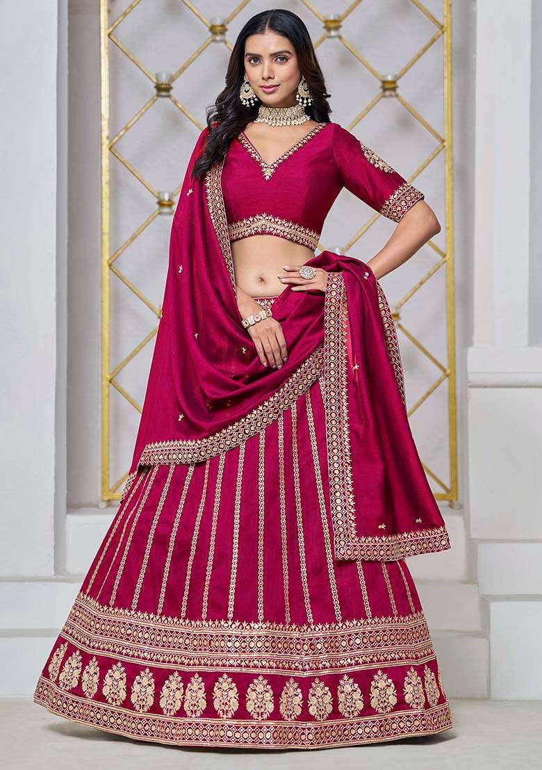 Rani Pink Embroidered Art Silk Lehenga Set - Indya