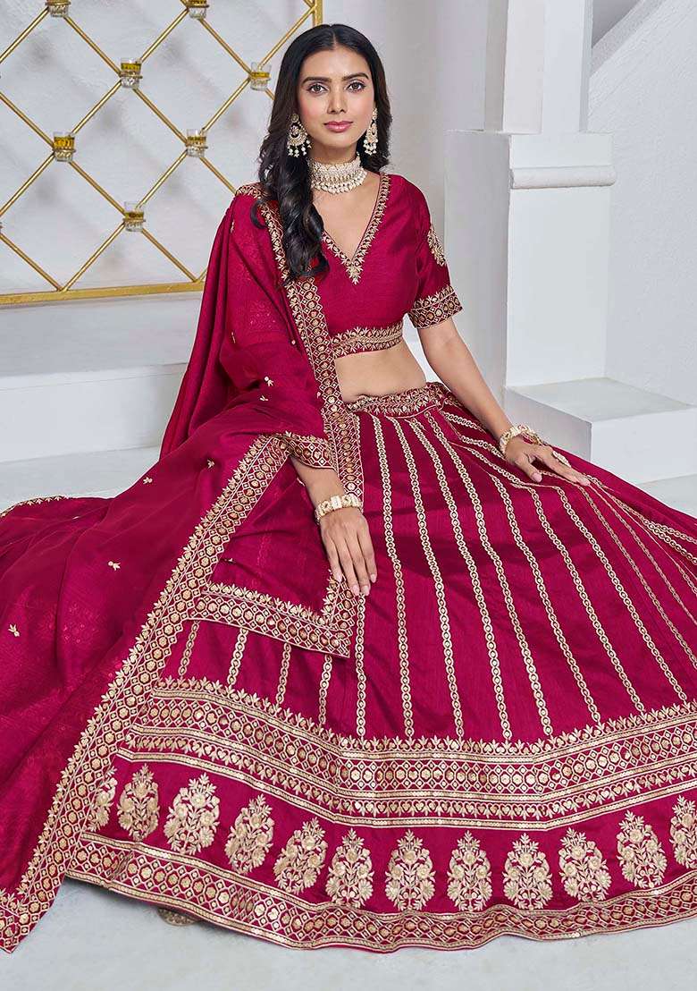 Rani Pink Embroidered Art Silk Lehenga Set - Indya
