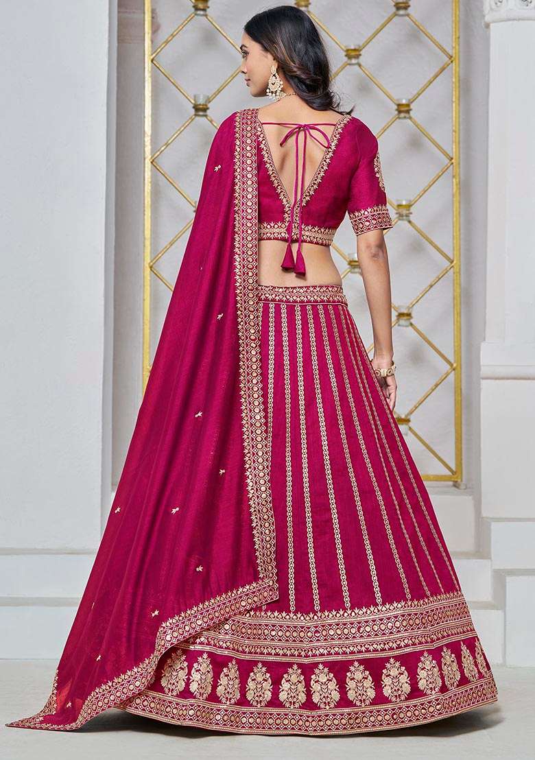 Rani Pink Embroidered Art Silk Lehenga Set - Indya