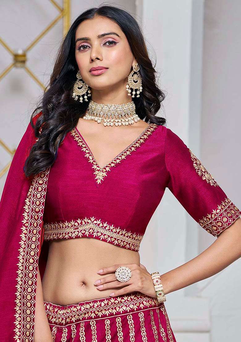Rani Pink Embroidered Art Silk Lehenga Set - Indya