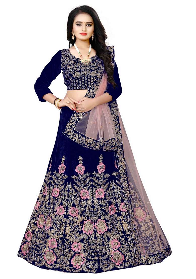 Navy Blue Embroidered Velvet Lehenga Set for Diwali and Festive Wear - Indya