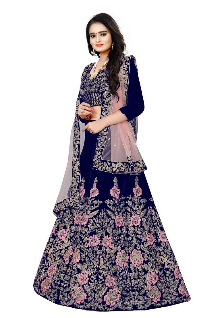Navy Blue Embroidered Velvet Lehenga Set for Diwali and Festive Wear - Indya