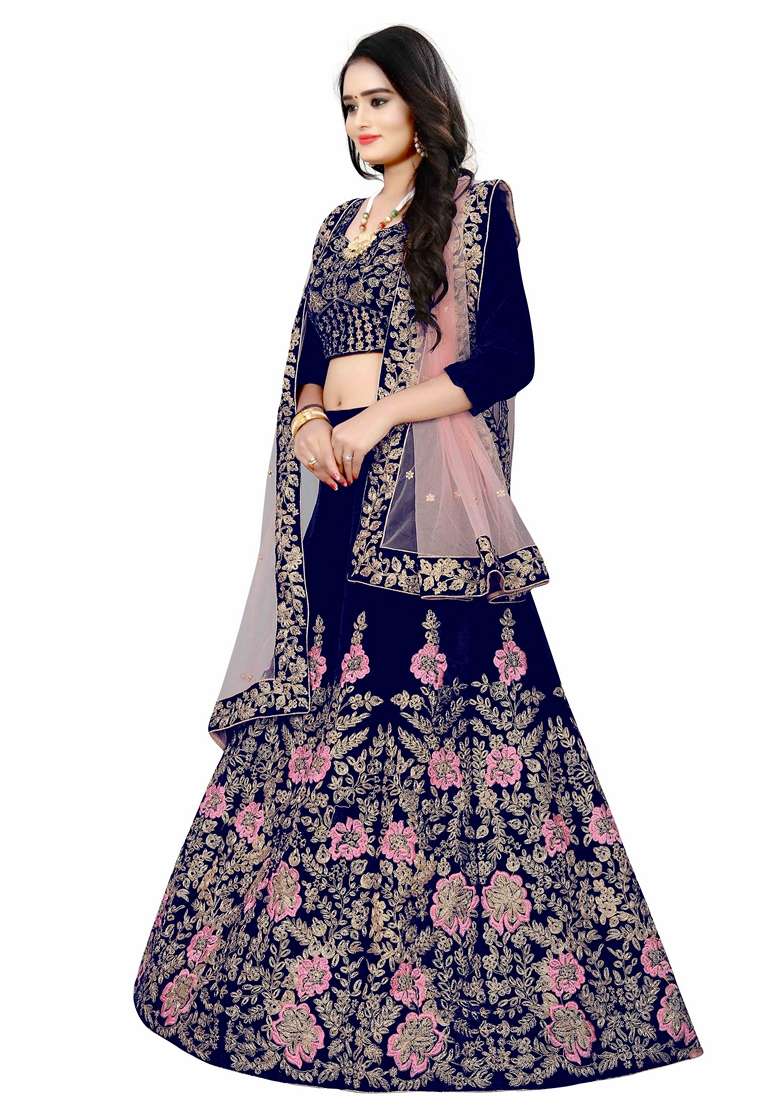 Navy Blue Embroidered Velvet Lehenga Set for Diwali and Festive Wear - Indya