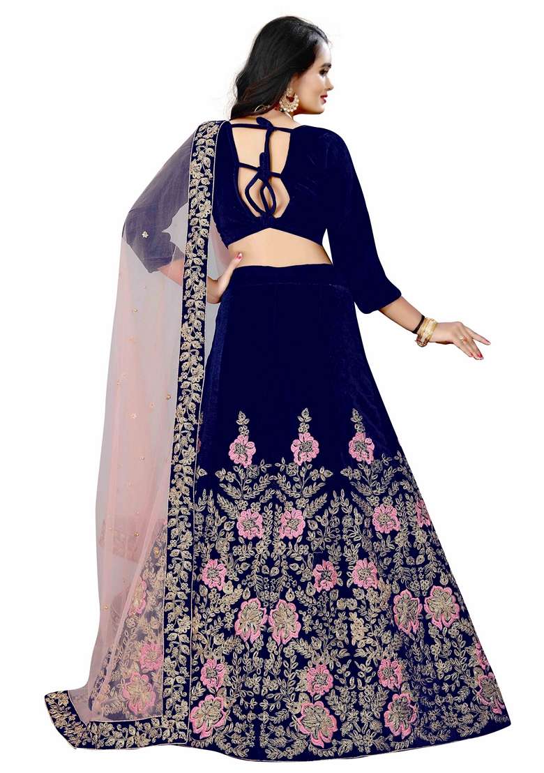 Navy Blue Embroidered Velvet Lehenga Set for Diwali and Festive Wear - Indya