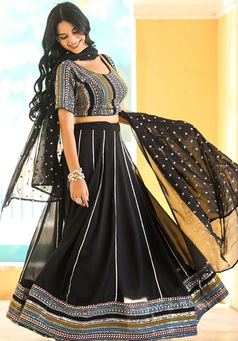 Black Embroidered Georgette Lehenga Set