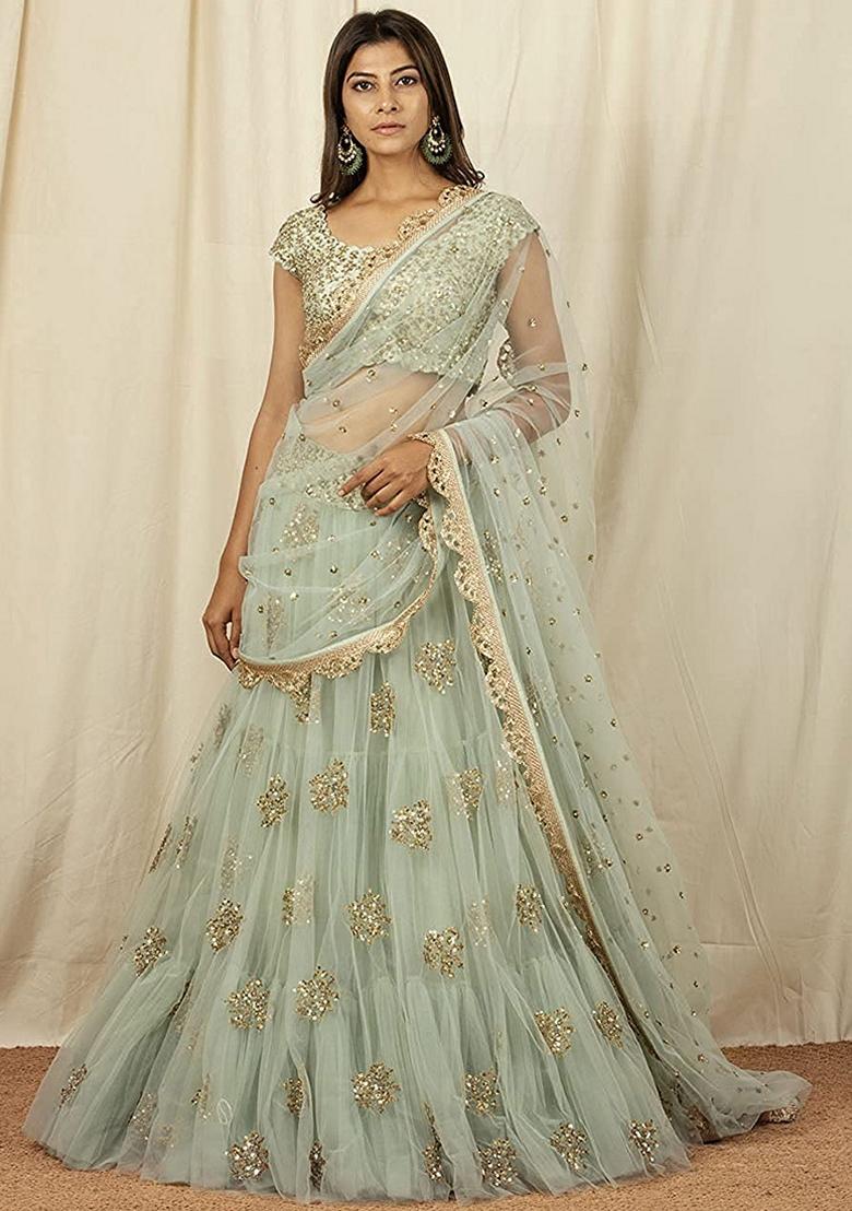 Mint Green Embroidered Net Lehenga Set