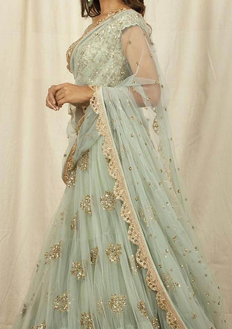Mint Green Embroidered Net Lehenga Set