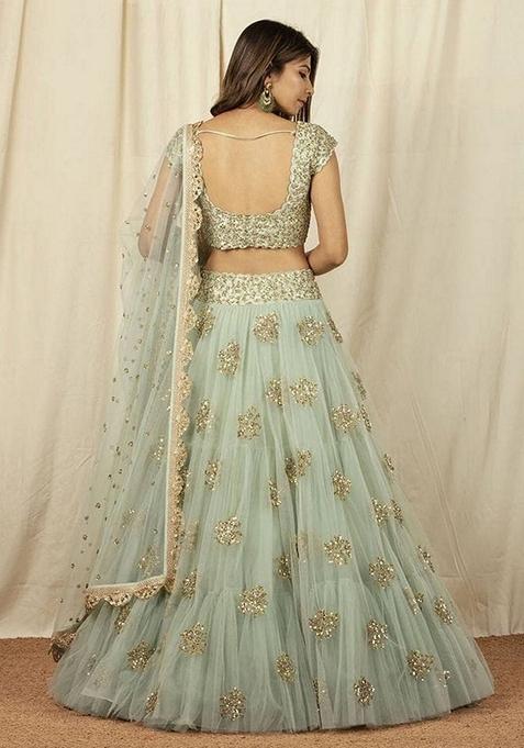 Mint Green Embroidered Net Lehenga Set