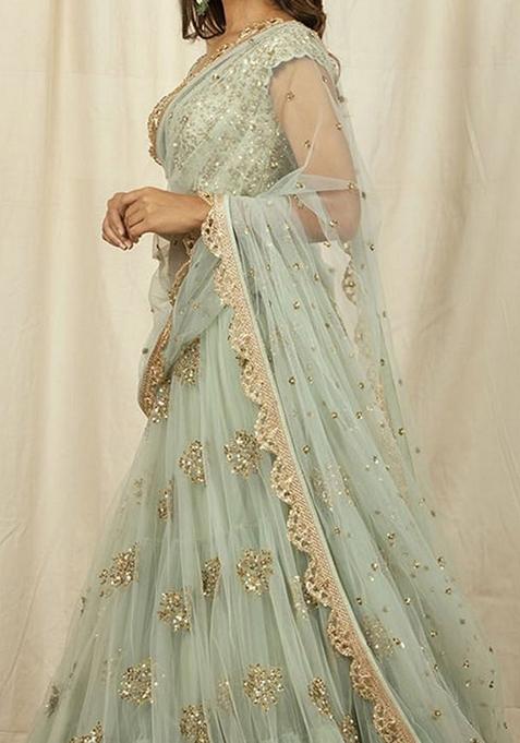 Mint Green Embroidered Net Lehenga Set