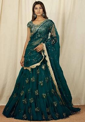 Teal Green Embroidered Net Lehenga Set