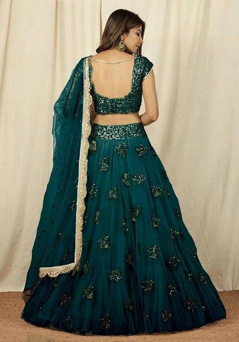Teal Green Embroidered Net Lehenga Set