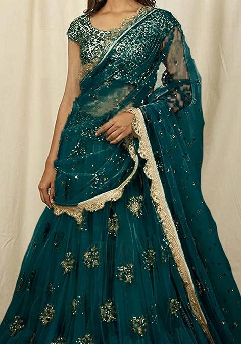 Teal Green Embroidered Net Lehenga Set