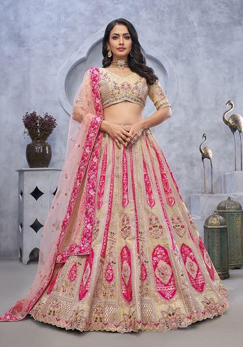 Chiku Brown Embroidered Organza Silk Lehenga Set