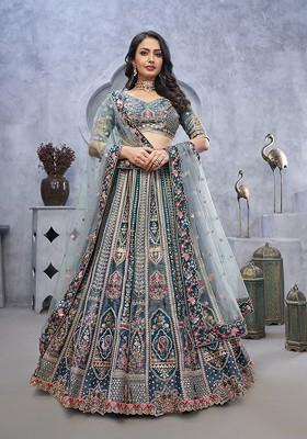 Grey Embroidered Organza Silk Lehenga Set