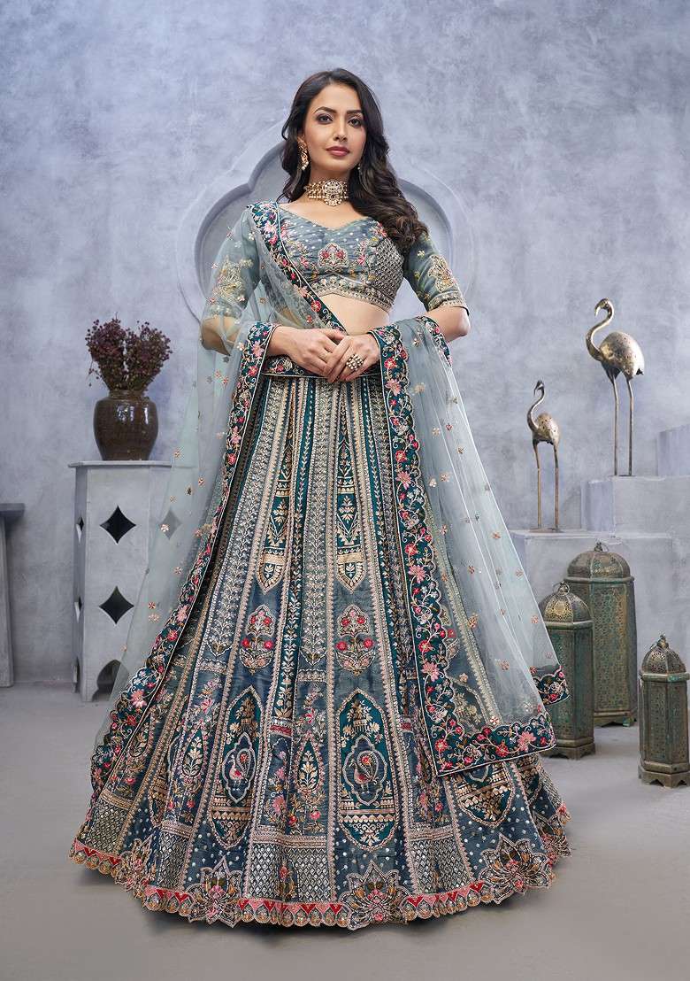 Grey Embroidered Organza Silk Lehenga Set - Indya