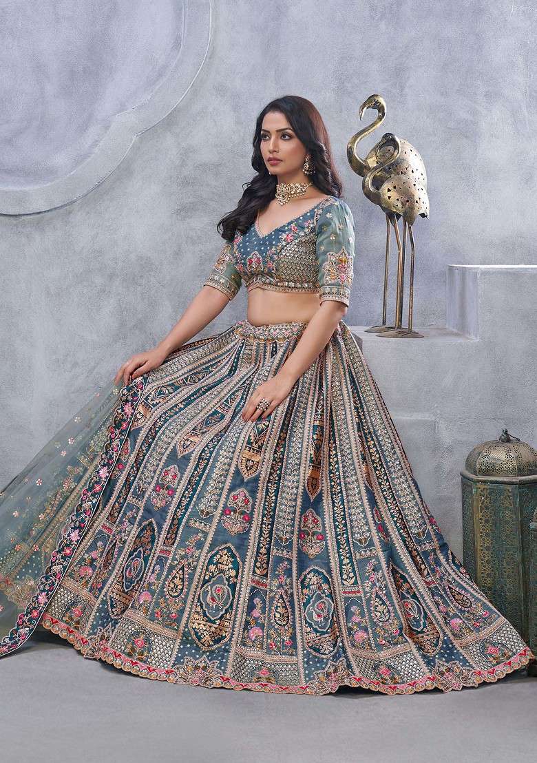 Grey Embroidered Organza Silk Lehenga Set - Indya