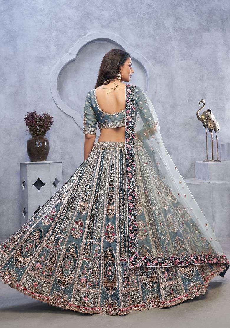 Grey Embroidered Organza Silk Lehenga Set - Indya