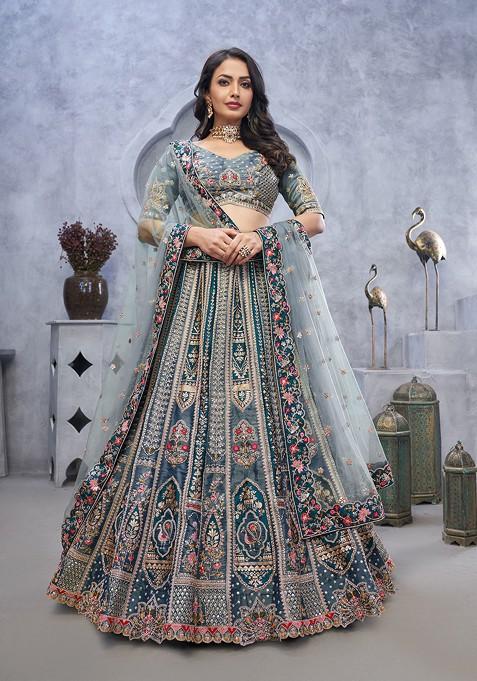 Grey Embroidered Organza Silk Lehenga Set