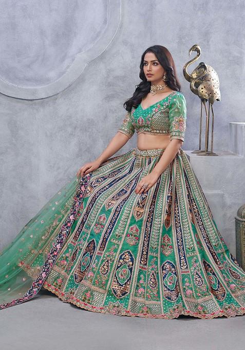 Green Embroidered Organza Silk Lehenga Set