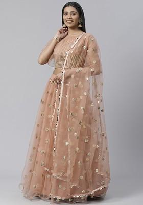 Peach Embroidered Poly Blend Lehenga Set