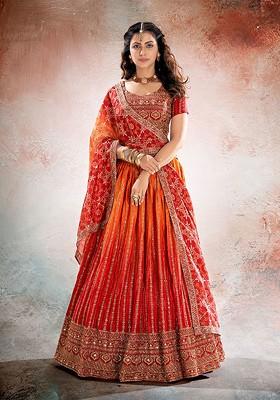 Orange Sequin Embroidered Poly Blend Lehenga Set