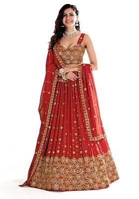Red Sequin Embroidered Poly Blend Lehenga Set