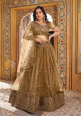 Brown Sequin Embroidered Poly Blend Lehenga Set