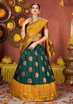 Green Ethnic Motifs Woven Poly Blend Lehenga Set
