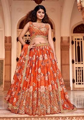 Orange Sequin Embroidered Poly Blend Lehenga Set