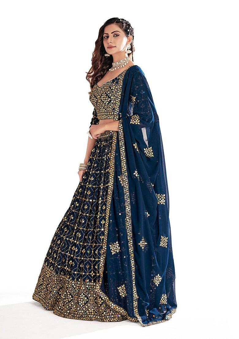 Navy Blue Sequin Embroidered Poly Blend Lehenga Set