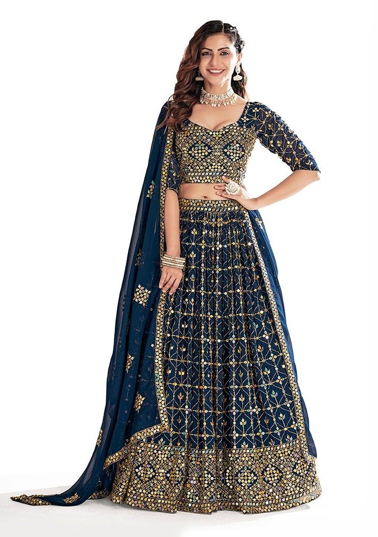 Navy Blue Sequin Embroidered Poly Blend Lehenga Set