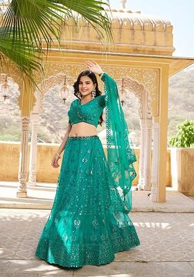 Green Sequin Embroidered Poly Blend Lehenga Set
