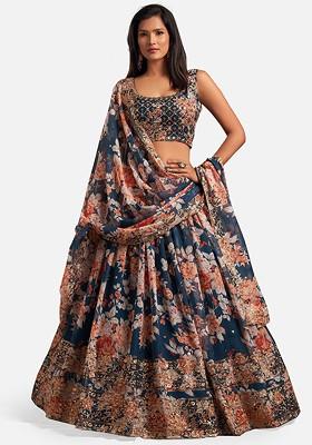 Blue Sequin Embroidered Poly Blend Lehenga Set