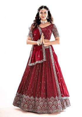 Red Sequin Embroidered Poly Blend Lehenga Set