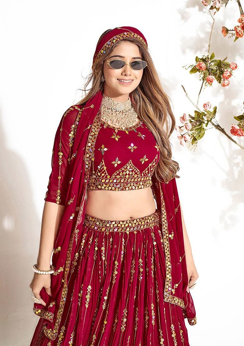 Maroon Sequin Embroidered Poly Blend Lehenga Set