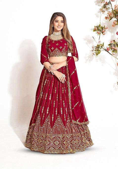 Maroon Sequin Embroidered Poly Blend Lehenga Set