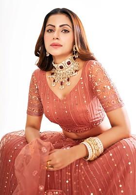 Pink Sequin Embroidered Poly Blend Lehenga Set