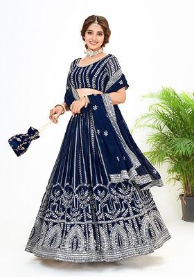 Navy Blue Sequin Embroidered Poly Blend Lehenga Set