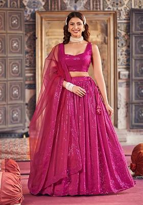 Pink Sequin Embroidered Poly Blend Lehenga Set