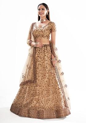 Beige Sequin Embroidered Poly Blend Lehenga Set