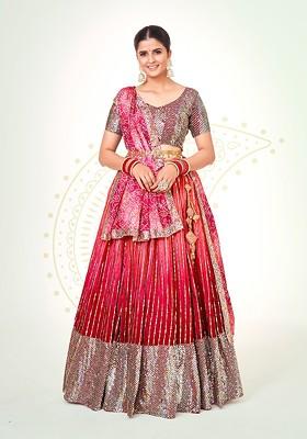 Pink Sequin Embroidered Poly Blend Lehenga Set