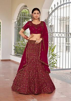 Pink Sequin Embroidered Poly Blend Lehenga Set