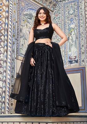 Black Sequin Embroidered Poly Blend Lehenga Set